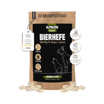 Verpackung für ALPHAZOO Care Bierhefe-Tabletten für Hunde und Katzen, mit einer Illustration von Hund und Katze, mit Text auf Deutsch.