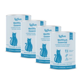 Vier KatKare Weißfisch Essential hypoallergene Katzensnack-Dosen mit blauer Katzenabbildung und dem Text 'Snack good. Do good. Feel good.'