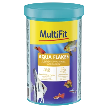 MultiFit Aqua Flakes Fischfutterbehälter für Zierfische, mit Vitaminen und 6 verschiedenen Flockentypen, 200g.