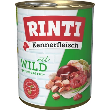 Rinti Kennerfleisch Dosenfutter für Haustiere mit Wildfleisch, getreidefrei, mit einer bunten Darstellung verschiedener Fleischstücke auf dem Etikett.