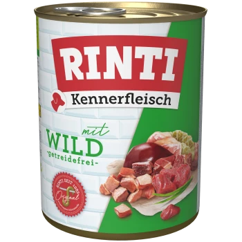 Rinti Kennerfleisch blikjes huisdierenvoer met wild vlees, graanvrij, met een kleurrijke weergave van verschillende vleesstukken op het label.