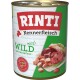 Rinti Kennerfleisch Dosenfutter für Haustiere mit Wildfleisch, getreidefrei, mit einer bunten Darstellung verschiedener Fleischstücke auf dem Etikett.