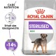 Royal Canin Sterilised Mini Hundefutterbeutel, der einen kleinen Hund zeigt, mit Schwerpunkt auf Ernährung, Gewichtserhaltung und 14% weniger Kalorien.
