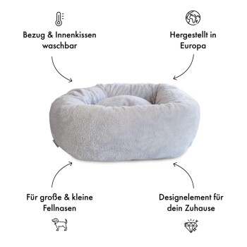 Gemütliches rundes graues Haustierbett mit weicher Textur, waschbarem Bezug, in Europa hergestellt, geeignet für alle Haustiere und stilvoll für die Wohnkultur.