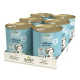 Sechs Dosen von Betty's Landhausküche Hundefutter mit Känguru und Kartoffel, mit einem hellblauen Design und Text, der 'extra viel Fleisch' hervorhebt.