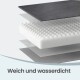Schichten des Haustierbetts: weißer Wabenschaum (Egg-Crate) und schwarze wasserdichte Abdeckung; sichtbarer Text: 'Weich und wasserdicht'.