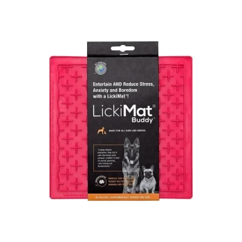 Bright pink LickiMat Buddy for dogs, featuring a textured surface for spreading treats, with text highlighting stress relief benefits.