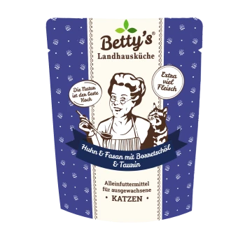 Betty's Landhausküche Katzenfutterbeutel, lila/creme, mit Koch- und Katzenillustration; Aufschrift 'Huhn & Fasan mit Taurin' und 'KATZEN'