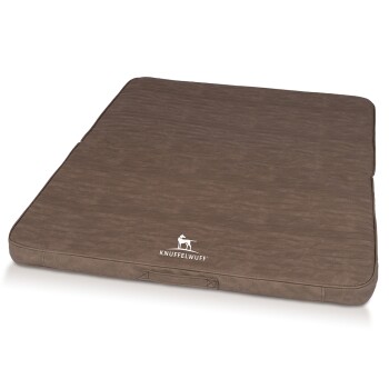 Braunes Hundebett mit einer gesteppten Textur und dem Logo 'KNUFFELWUFF' deutlich sichtbar.