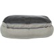 Graues Haustierbett mit einer weichen, gepolsterten Oberseite in Schwarz mit gepunktetem Muster, mit einem Reißverschluss an der Seite für eine einfache Reinigung.