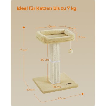 Katzenbaum, der für Katzen bis zu 7 kg ausgelegt ist, mit einer plüschigen oberen Plattform, einem Kratzbaum und einem hängenden Spielzeug. Maße sind enthalten.