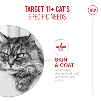 Gray tabby cat with text "Target 11+ Cat's Specific Needs" and "Skin & Coat: Help maintain skin and coat health with linoleic acid and zin"
