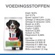 Hondenvoer verpakking met een Berner Sennenhond, met voedingsinformatie inclusief eiwitten, vetten en vitamines vermeld in het Nederlands.