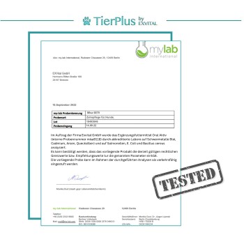 Zertifikat der Analyse für "Zahnpflege für Hunde" von EXVital GmbH, das Sicherheit und Konformität mit gesetzlichen Standards bestätigt.