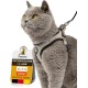 Eine graue Katze in einem Geschirr mit Leine, neben einem Etikett mit der Aufschrift "Tierhood Katzengeschirr inkl. Leine, XS/S/M, Deutsche Marke."