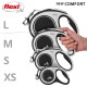 Image of three Flexi dog leashes in different sizes (L, M, S, XS) with a hand holding the largest one, labeled "NEW COMFORT."