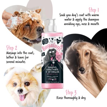 Bugalugs 3-in-1 Shampoo, Conditioner & Entwirrungsmittel für Haustiere, mit veganer Formel und verspielten Hundillustrationen. Anweisungen enthalten.
