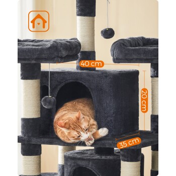 Ein gemütlicher grauer Katzenbaum mit einer ruhenden orangefarbenen Katze, mit den Maßen: 40 cm Höhe, 20 cm Eingang und 35 cm Breite.