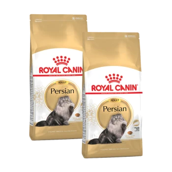 Deux sacs de nourriture pour chats adultes Royal Canin Persian, présentant un chat persan duveteux sur le devant, avec un design doré et blanc.