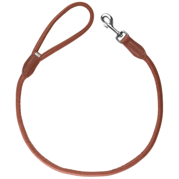 Braune Leder-Hundeleine mit einer Schlaufe und einem Metallclip zur Befestigung, vor einem weißen Hintergrund präsentiert.