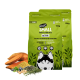 Zwei grüne Tüten mit "eat SMALL Insects for Pets - ACTIVE" Hundefutter, mit einer Husky-Illustration und Süßkartoffeln, Hirse und Kräutern.
