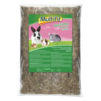 Sac de foin MultiFit Heu-Ernte 4 kg pour petits animaux, l'étiquette montre un lapin, des cochons d'Inde et un chinchilla.