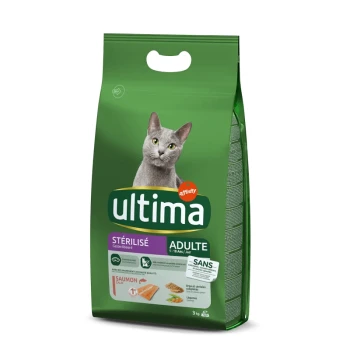 Stérilisé Adulte avec du Saumon 3 kg Sac vert de nourriture pour chats Ultima pour chats adultes stérilisés, avec un chat gris sur le devant, étiqueté "Saumon" et "3 kg."