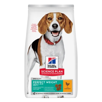 Hill's Science Plan 'Perfect Weight' Trockenfutterbeutel für ausgewachsene mittelgroße Hunde (mit Huhn), weißer Beutel mit Hundebild und rotem Logo.