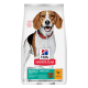 Sac de nourriture pour chiens adultes taille moyenne Hill's Science Plan 'Perfect Weight' (au poulet), sac blanc avec photo de chien et logo rouge.
