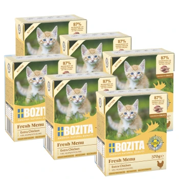 Sechs Boxen Bozita Fresh Menu Katzenfutter für Kätzchen, mit einem niedlichen Kätzchen auf der Verpackung, mit '87% Zutaten tierischen Ursprungs' hervorgehoben.