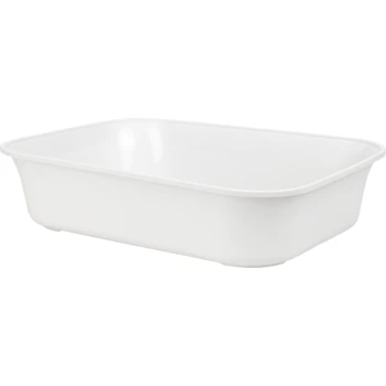 White rectangular pet food or water bowl, featuring smooth edges and a sturdy base, suitable for various pet sizes.