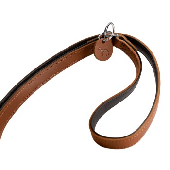 Eine stilvolle braune und schwarze Lederleine für Hunde mit einem Metallring und einem Anhänger, der eine Hundesilhouette zeigt.