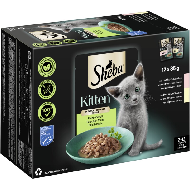 Sheba Multipack Kitten in Saus Fijne Variatie met Zalm, met Kip MSC 12x85 g