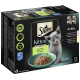 Pack de nourriture humide pour chat Sheba Kitten avec un chaton gris à côté d'un bol de nourriture. Contient 12 portions de 85 g, étiquetées "100 % complet" et "fine variété."