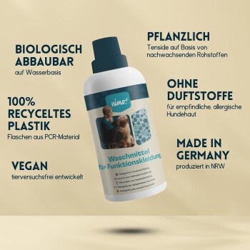 Nimo Waschmittelflasche für Funktionskleidung, die umweltfreundliche Eigenschaften hervorhebt: biologisch abbaubar, vegan, 100% recyceltes Plastik, duftfrei.