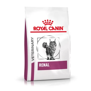 Royal Canin Veterinary Renal Katzenfutterbeutel mit einer Illustration einer grauen getigerten Katze, mit dem deutlich sichtbaren "ROYAL CANIN"-Logo und "RENAL".