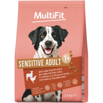 MultiFit Sensitive Adult 1+ Hundefutterbeutel mit lächelndem schwarz-weißem Hund, Lamm, Geflügel & Reis, 2,5 kg