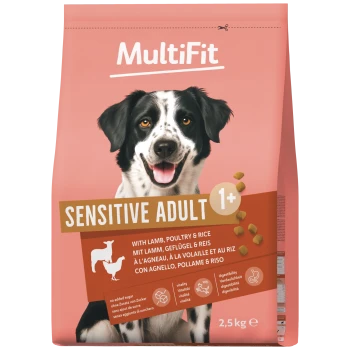 MultiFit Sensitive Adult 1+ Hundefutterbeutel mit lächelndem schwarz-weißem Hund, Lamm, Geflügel & Reis, 2,5 kg