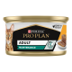 Une boîte de nourriture pour chat Purina Pro Plan étiquetée "Entretien des adultes" avec un chat tigré et le texte "Riche en Poulet" et "Terrine."