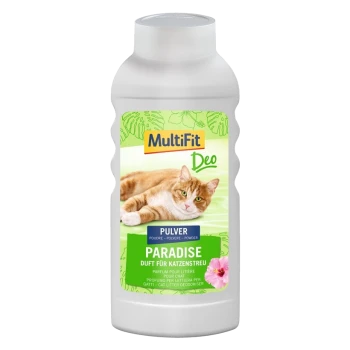 Weiße Flasche mit MultiFit Deo Katzenstreu-Deodorant-Pulver, mit einer entspannten orangefarbenen Tabby-Katze auf dem Etikett, mit "PARADISE" deutlich angezeigt.