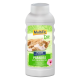Weiße Flasche mit MultiFit Deo Katzenstreu-Deodorant-Pulver, mit einer entspannten orangefarbenen Tabby-Katze auf dem Etikett, mit "PARADISE" deutlich angezeigt.