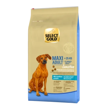 Select Gold Maxi Adult Hundefutterbeutel, geeignet für Hunde über 25 kg, mit der Kennzeichnung "Sensibel", mit Insektenprotein und Nährwertangaben.