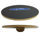 Schwarze runde Balance-Trainingsplatte für Haustiere mit einem Holzsockel, mit einem blauen Logo, das "PetPaws USA" liest.
