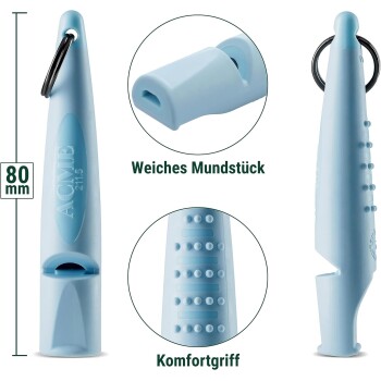 Blaue ACME-Hundepfeife mit weichem Mundstück und strukturiertem Griff, 80 mm lang, aus mehreren Blickwinkeln gezeigt mit beschrifteten Hauptmerkmalen auf Deutsch.