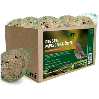 Schachtel Orni Riesen Meisenknödel Vogelfutterbälle mit Sonnenblumenkernen, 12 Stück, je 500g, mit Rotkehlchenbild.