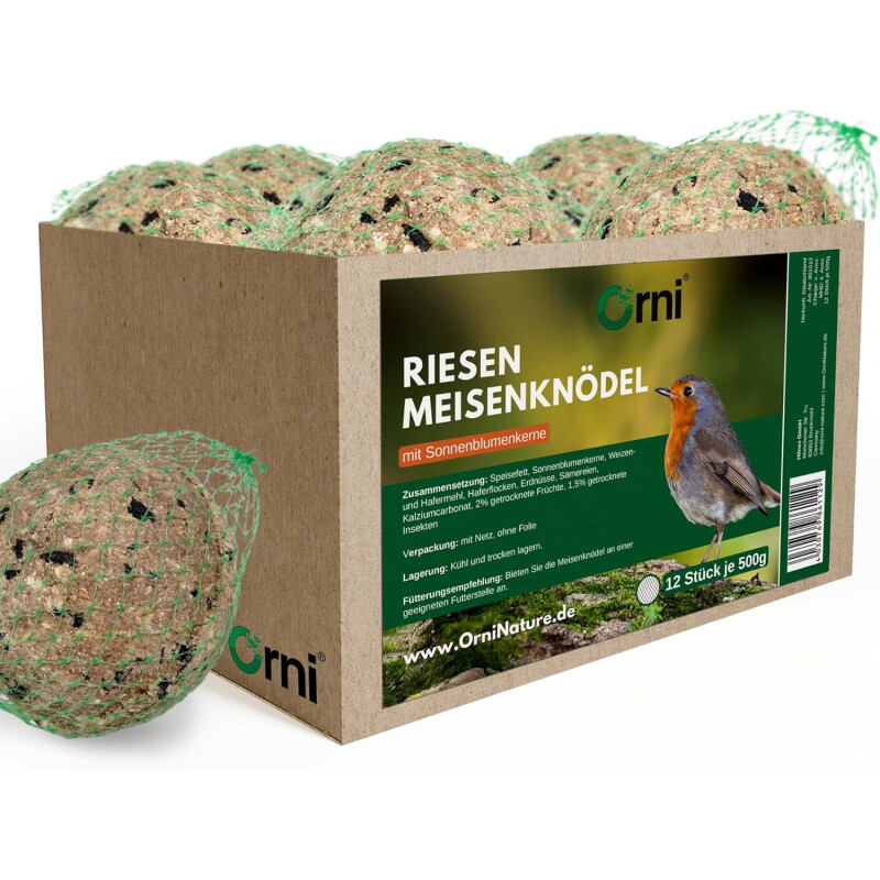 Orni Ganzjahres Riesenmeisenknödel mit Sonnenblumenkernen 500g, mit Netz ohne Folie 12 Stück