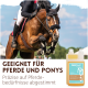 Pferd springt mit Reiter im Helm, daneben Supravit MSM & Glucosamin Ergänzung für Sportpferde und intensives Training.