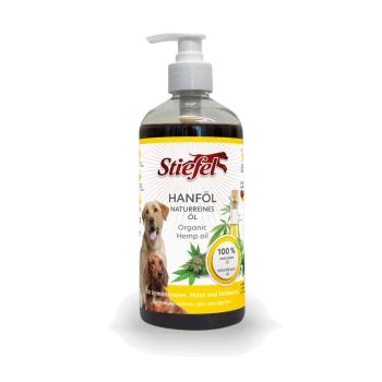 Pumpflasche Stiefel Bio-Hanföl (Hanföl) für Hunde, Etikett mit zwei Hundebildern, Hanfblättern und der Aufschrift „100 % reines Öl“