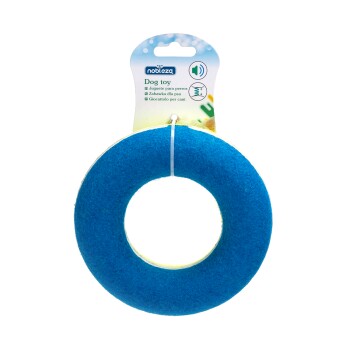 Blaues Hundespielzeug in runder Form, beschriftet mit 'Hundespielzeug' und mehrsprachigem Text auf der Verpackung.