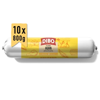 DIBO FreshRoll Hundefutterrolle mit Huhn, Karotte, Kürbis und Erbsen, 10x800g Packung, gelbes Etikett mit Hundillustration.